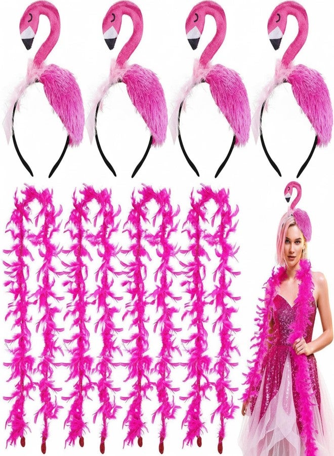 Solsew 8 Pcs Hawaii Flamingo Headband Pink Feather Boa Set Flamingo Headdress Costume Accessories Hair Hoop for Carnival Tropical Summer Party Women Adult Hair Decoration - Image 1